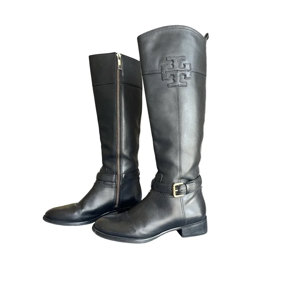 Tory Burch Women's Blair Black Leather Gold Buckle Riding Boots Shoes Size 8